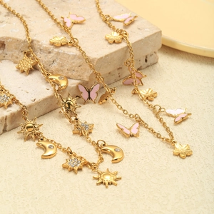 Collier Pendentif Lune Soleil Étoile Acier Inoxydable Plqué Or 18K Zircon Bijoux Célestes Bohèmes Pour Femmes Style Élégant