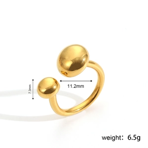 Bague ouverte élégante en acier inoxydable doré avec deux perles ovales polies miroir