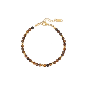 Bohemian style beaded bracelet with brown tiger eye stones and golden metal charms