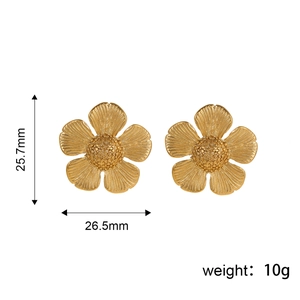 18K gold plated chunky flower earrings with textured petals and dimension measurements