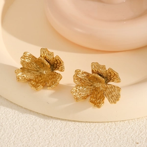 18K gold plated stainless steel floral earrings with layered 3D textured petals