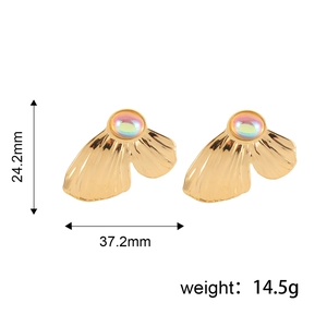 Exaggerated 18K gold plated stainless steel fan petal stud earrings with opal stone