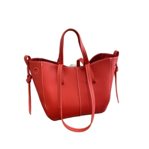 Large red PU leather tote bag with white contrast stitching and dual handle design