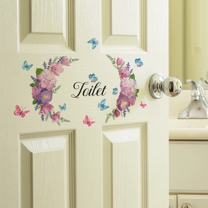 Floral wreath wall decal with Toilet text and butterflies for bathroom door decoration