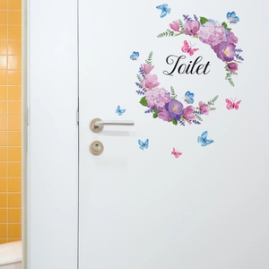 Floral wreath wall sticker with purple hydrangea and pink tulips for toilet door decor