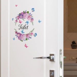 Floral wreath wall decal with Toilet text and butterflies for bathroom door decoration