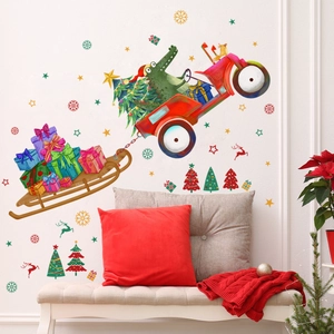 Christmas Crocodile Driving Car Wall Sticker PVC Self Adhesive Decal For Kids Room Living Room Holiday Home Decoration