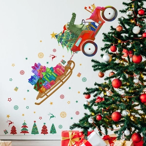 Christmas wall stickers with crocodile driving red car and holiday decor for home