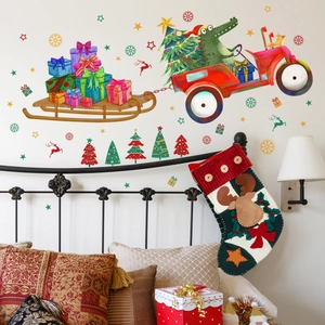 Christmas wall stickers with cartoon crocodile in car and reindeer on white bedroom wall