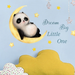 Glow-in-the-dark wall stickers featuring a panda on a moon with stars for kids' rooms