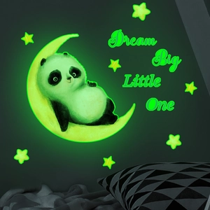 Glow in the dark panda on green moon and stars wall stickers for kids room decor
