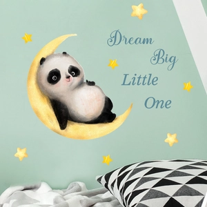 Panda on yellow moon wall decal with Dream Big Little One text in a nursery setting