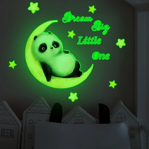 Luminous panda on moon wall sticker with stars and Dream Big Little One quote