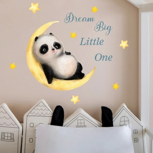 Luminous panda on moon wall sticker with Dream Big Little One quote for nursery