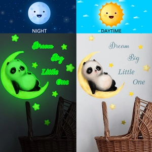 Luminous panda and moon wall stickers showing glowing dream big little one text
