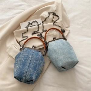 Vintage Denim Kiss-lock Handbag For Women Rhinestone Embellished Crossbody Bag With PU Leather Handle Metal Chain Strap Retro Frame Bag