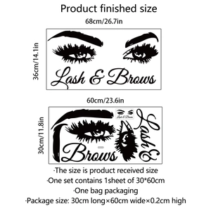Detailed size specifications for Lash & Brows eye beauty wall stickers 68x36cm