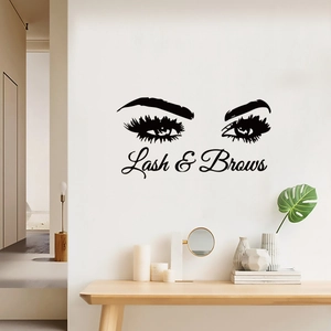 Modern black Lash & Brows wall sticker with long eyelashes on a white bedroom wall