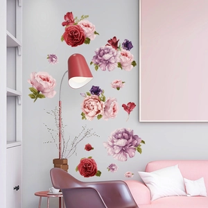 Stickers muraux pivoines et roses rouge et rose pour décoration de salon contemporain