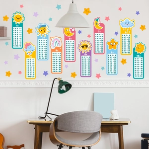 Cartoon multiplication table wall decals with sun and clouds for kids education