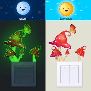 Glow-in-the-dark mushroom switch sticker showing day and night visual contrast effect