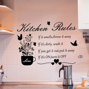 Kreativer schwarzer Kitchen Rules Wandaufkleber mit Kaffeetasse und Schmetterlingsdekor