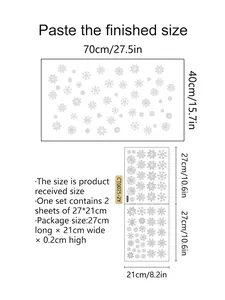 Size guide for Christmas snowflake window stickers showing two 27x21cm sheets for home decor
