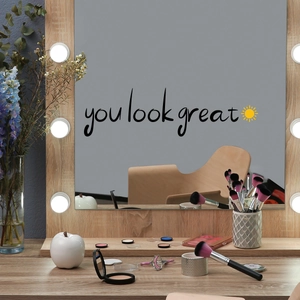 Self-adhesive 'You look great' mirror wall sticker with sun icon on vanity mirror