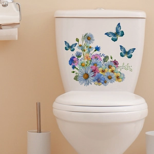 Detail of floral butterfly toilet stickers with blue daisies and watercolor finish