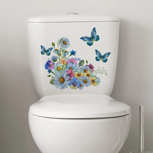Floral butterfly toilet stickers featuring blue and purple watercolor flowers on white tank