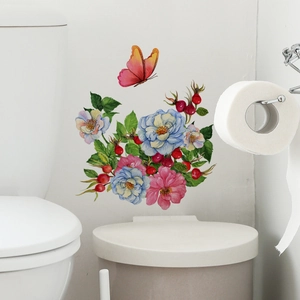 Detailed watercolor floral wall decal with blue roses and butterflies on white bathroom wall
