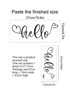 Detail of Hello script wall sticker showing installation size 27x12cm on white background