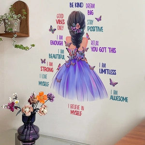 Wandsticker Mädchen im lila Blumenkleid mit Schmetterlingen und Zitaten für Zimmer