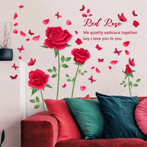 Rose Flower Butterfly Wall Sticker PVC Romantic English Lettering Decal For Living Room Bedroom Decoration Mural