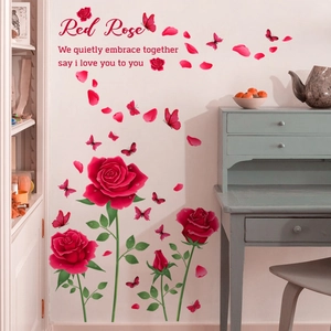 Wall sticker with red roses and butterflies featuring Red Rose English quote