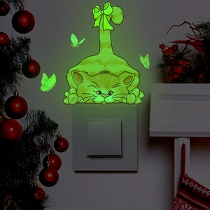 Glow-in-the-dark cat and butterfly wall stickers for bedroom switches in night scene