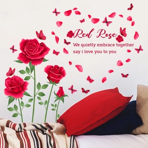 Detailed wall sticker set featuring red roses, butterflies and romantic English text