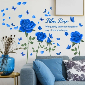 Blue rose and butterflies wall decal for modern living room decoration with lettering