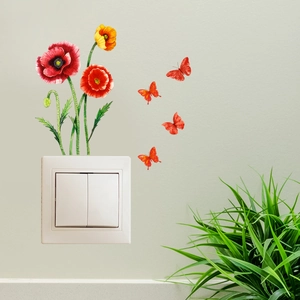 Watercolor poppy flower and butterfly wall stickers for light switch decoration