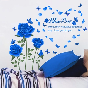 Blue rose flower wall sticker with butterflies and English quotes for bedroom decor
