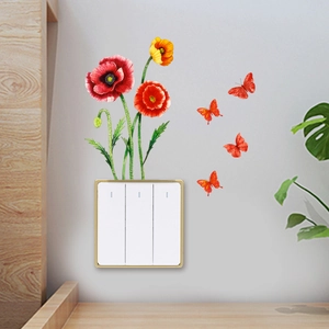 Detailed wall sticker set featuring floral poppies and butterflies around a light switch