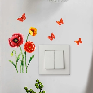 Detail of floral butterfly wall sticker with watercolor poppies and orange butterflies