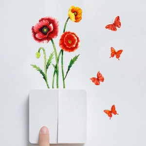 Poppy flower and butterfly wall decal set for home light switch decor in bright colors