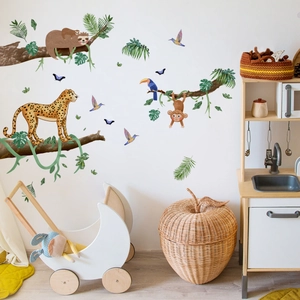Forest cartoon animal wall stickers with sloth leopard and palm leaves for nursery decor
