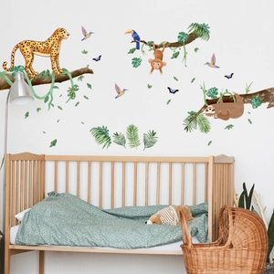 Detailed jungle animal wall decals with leopard, monkeys and birds for nursery room decoration