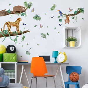 Tropical rainforest animal wall decals featuring leopard, sloth and palm leaf stickers