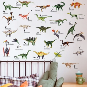 Detail of 26 watercolor dinosaur alphabet wall stickers on a clean white wall surface