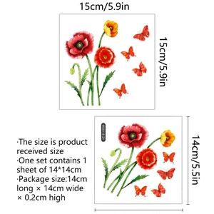 Floral butterfly wall sticker with red poppies and dimensions shown on white background