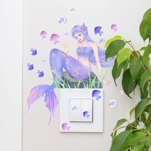 Luminous mermaid wall sticker set for light switch decoration with purple fish and bubbles