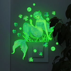 Luminous mermaid wall stickers with small fish and bubbles glowing in the dark for decor